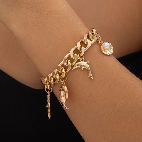 Ocean style dolphin shell starfish imitation pearl metal Bracelets