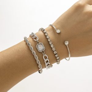 Full Imitation Diamond Layered Open Metal Bracelet