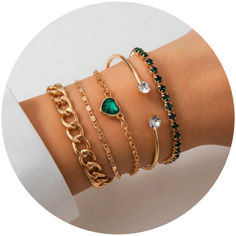 Green Heart-Shaped Rhinestone Metal Bracelets