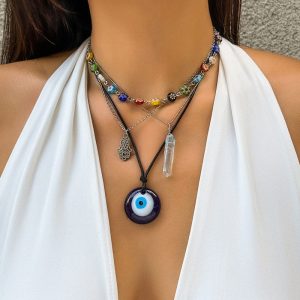 Vintage Devil's Eye Pendant Waxed Wire Necklace