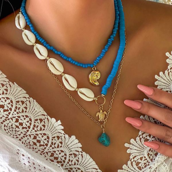 Ocean Style Seashell Turtle Conch Turquoise Beaded Multi-Layered Necklace