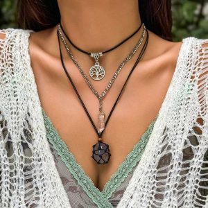 Turquoise Pendant Waxed Wire Alloy Multi-Layers Necklace