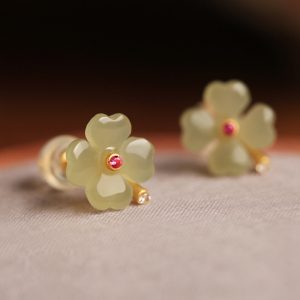 Lucky Clover Jade Flower Earrings