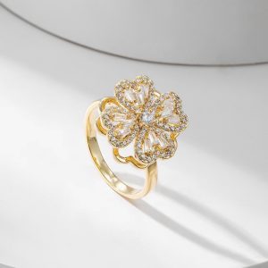 Double layered four leaf clover set zircon opening rotatable ring